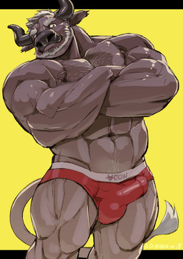 abs anthro beard biceps big_muscles biped body_hair bulge chest_hair clothed clothing crossed_arms deltoids detailed_bulge facial_hair forearms genital_outline happy_trail looking_at_viewer male muscular muscular_anthro muscular_male muscular_thighs pecs penis_outline solo standing tail triceps underwear underwear_only ammami8 bovid bovine cattle mammal 2025 hi_res