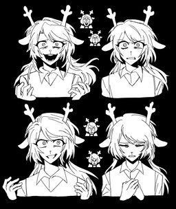 anthro antlers cartoon_freckles clothed clothed_anthro clothed_female clothing constricted_pupils crazy_eyes eyelashes female hair horn long_hair looking_at_viewer multiple_expressions open_mouth pupils small_pupils snowgrave solo unknown_artist deltarune undertale_(series) noelle_holiday deer mammal new_world_deer reindeer 2026 absurd_res black_and_white bust_portrait digital_drawing_(artwork) digital_media_(artwork) hi_res monochrome portrait reference_image