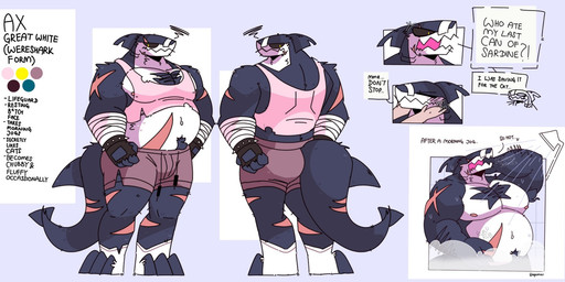 3_toes 4_fingers abdominal_scar anthro arm_hair arm_scar bandage bandage_on_face biped black_clothing black_fingerless_gloves black_gloves black_handwear black_sclera blue_background blue_body blue_fur body_hair bottomwear brown_bottomwear brown_clothing brown_shorts chest_tuft closed_smile clothed clothed_anthro clothed_male clothing color_swatch countershade_face countershade_neck countershade_torso countershading cross-popping_vein dialogue disembodied_hand drawstring_bottomwear drawstring_shorts duo emanata eye_scar facial_scar feet fin fingerless_gloves fingers fish_tail flesh_fang footwear front_view frustration_cloud fully_clothed fully_clothed_anthro fully_clothed_male fur furrowed_eyebrows gloves handwear head_fin leg_scar looking_back male mouth_closed multicolored_body multicolored_fur muscular muscular_anthro muscular_male navel nipples notched_fin nude nude_anthro nude_male onomatopoeia open_mouth overweight overweight_anthro overweight_male pecs pink_clothing pink_scar pink_shirt pink_tank_top pink_topwear plantigrade pose pupils rear_view scar shirt shorts simple_background slit_pupils smile snout socks solo_focus sound_effects speech_bubble standing tail tail_fin tail_scar tank_top text toes topwear torn_clothing torn_footwear torn_socks tuft two_tone_body two_tone_fur white_body white_clothing white_countershading white_footwear white_socks white_wraps wraps wrist_wraps x_scar yellow_eyes skykdotidot ax_(skykdotidot) aquatic fish furred_shark shark 2024 artist_name character_name english_text full-length_portrait half-length_portrait headshot_portrait hi_res model_sheet portrait