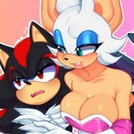 anthro breasts cleavage clothed clothing dark_body duo eyeshadow female fur gloves green_eyes half-closed_eyes handwear lipstick makeup male narrowed_eyes red_eyes simple_background tan_body tan_skin tuft white_body white_fur wings kore_eon sega sonic_the_hedgehog_(series) rouge_the_bat shadow_the_hedgehog bat eulipotyphlan hedgehog mammal 1:1