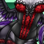 black_body black_bow black_bustier black_feathers bow_ribbon breasts close-up clothed clothing feathered_wings feathers female frilly frilly_bustier frilly_clothing fur garter_straps grey_body grey_fur legwear lingerie polka_dot_underwear purple_body purple_feathers red_bustier solo stockings teddy_(clothing) torso_shot two_tone_bustier white_body white_fur wings firefly8083 1:1 low_res