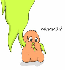 ambiguous_feral ambiguous_gender baby_talk dialogue feral front_view fur green_tail grey_eyes holding_tail looking_at_object neonate orange_body orange_fur simple_background sitting tail text white_background young young_ambiguous young_feral carpdime fluffy_pony fluffy_pony_(species) mammal digital_media_(artwork) english_text shaded