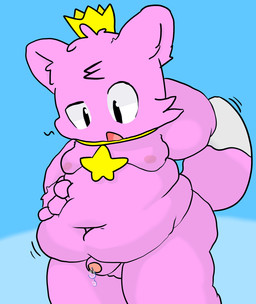 anthro belly belly_focus belly_overhang bodily_fluids cum genital_fluids male obese overweight pink_body slightly_chubby solo tail young goobeygoob pinkfong_(character) hi_res