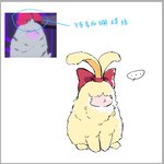 ambiguous_gender feral feralized fur hair hair_over_eyes long_ears ribbons simple_background solo white_background yellow_body yellow_fur youzaiyouzai112 bandai_namco digimon digimon_ghost_game angoramon_(ghost_game) angoramon digimon_(species) lagomorph leporid mammal rabbit