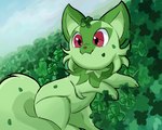 cloud female feral fur gradient_background green_body green_fur leaf plant shrub simple_background smile solo omnii34 nintendo pokemon felid feline generation_9_pokemon mammal pokemon_(species) sprigatito 2022 5:4 hi_res