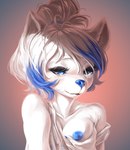 anthro blue_eyes blue_hair blue_nipples blue_nose breasts clothed clothing exposed_breasts female fur hair hand_on_breast holding_breast nipples off_shoulder one_breast_out partially_clothed ponytail shirt solo topwear white_body white_fur white_hair fruitbloodmilkshake amber_puppy canid canine canis mammal wolf hi_res herm_(lore)