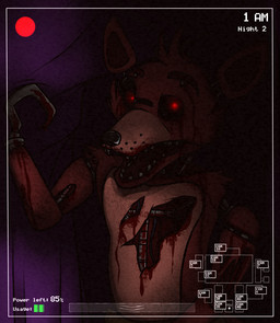 anthro blood bodily_fluids dark exposed_endoskeleton machine male psychokeil37 solo text unknown_artist five_nights_at_freddy's scottgames foxy_(fnaf) animatronic canid canine fox mammal robot english_text