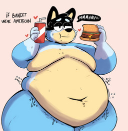 anthro belly beverage big_belly burger eating food male obese obese_male overweight overweight_male rumbling_stomach simple_background soda solo text disastercat bluey_(series) bandit_heeler canid canine canis domestic_dog mammal absurd_res english_text hi_res
