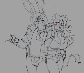 anthro big_breasts blush bottomwear bovid_horn bracelet breasts bulge cellphone clothing cowbell cross cross_necklace denim denim_bottomwear denim_clothing duo ear_piercing electronics eyebrow_through_hair eyebrows gynomorph hair hand_on_hip horn intersex intersex/male inverted_cross jacket jeans jewelry leather leather_clothing leather_jacket leather_topwear long_hair male necklace pants phone piercing rabbit_ears smartphone smile spiked_bracelet spikes tail tail_tuft topwear translucent translucent_hair tuft naughtyjester arthur_(lapinbeau) rosco_(lapinbeau) bovid domestic_rabbit flemish_giant lagomorph leporid mammal oryctolagus rabbit 2022 sketch trans_(lore)
