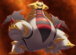 6_legs ambiguous_gender black_sclera claws feral grey_body low-angle_view orange_body red_eyes red_stripes solo spikes spikes_(anatomy) stripes on_ice_(artist) nintendo pokemon altered_forme_giratina generation_4_pokemon giratina legendary_pokemon pokemon_(species) absurd_res hi_res