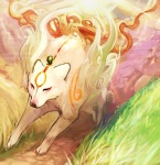 duo female feral fur grass male plant riding running solo_focus white_body white_fur haruyama capcom clover_studio okami_(capcom) amaterasu_(okami) issun_(okami) canid canine canis deity mammal poncle wolf digital_media_(artwork) low_res