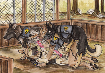 all_fours animal_genitalia animal_penis anthro anthro_on_feral balls bestiality bodily_fluids bottomless canine_genitalia canine_penis clothed clothing cum digitigrade doggystyle erection eyes_closed female female_on_feral feral from_behind_position genital_fluids genitals group group_sex intraspecies intraspecies_bestiality kennel knot licking lying male male/female mounting muzzle_(object) muzzled on_back oral partially_clothed pawpads penile penis penis_lick police police_dog precum raised_leg sex sheath text text_on_clothing text_on_topwear text_on_vest tongue tongue_out topwear vest kola_(artist) canid canine canis domestic_dog german_shepherd herding_dog mammal pastoral_dog english_text traditional_media_(artwork)