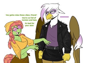angry anthro anthrofied beak bottomwear clothed clothing dialogue dreadlocks duo eyewear female furgonomics glasses headgear headkerchief headwear jacket kerchief leather leather_clothing leather_jacket leather_topwear miniskirt skirt sunglasses tail tail_through_skirt text topwear redxbacon friendship_is_magic hasbro my_little_pony mythology gilda_(mlp) tree_hugger_(mlp) avian earth_pony equid equine gryphon horse mammal mythological_avian mythological_creature pony english_text