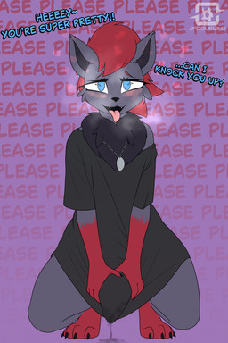 animal_genitalia animal_penis bodily_fluids canine_genitalia canine_penis chest_tuft clothing dialogue dripping femboy genital_fluids genitals gradient_background holding_penis jewelry lidded_eyes male necklace open_mouth penis precum precum_drip shirt simple_background solo through_clothing tongue tongue_out topwear tuft jacqueling nintendo pokemon generation_5_pokemon pokemon_(species) zorua 2:3 absurd_res hi_res