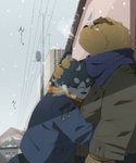 anthro blush clothing detailed_background duo ellipsis eyes_closed hug kemono male outside overweight overweight_male scarf snow sweater text topwear hinami bear canid canine canis domestic_dog mammal 2013 5:6 hi_res japanese_text