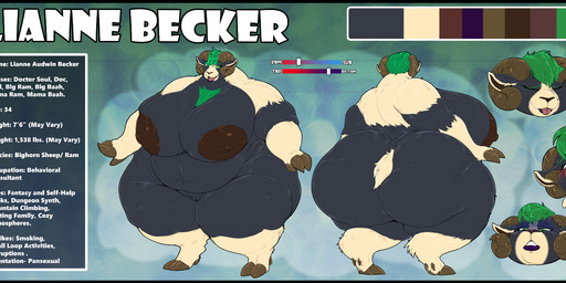 anthro areola belly big_areola big_belly big_breasts big_butt black_border border breasts brown_areola brown_nipples butt color_swatch dewclaw_hooves female front_view fur green_body green_eyes green_fur green_hair grey_body grey_fur hair hooves huge_belly huge_breasts huge_butt huge_hips huge_thighs hyper lips nipples nude nude_anthro nude_female obese obese_anthro obese_female overweight overweight_anthro overweight_female purple_lips rear_view solo tail tan_body tan_fur text thick_thighs unguligrade wide_hips doctorsoul lianne_becker bighorn_sheep bovid caprine mammal sheep english_text hi_res model_sheet
