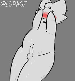 anthro balls belly blush covering covering_face fur genitals male penis shy solo white_body white_fur lspagf boy_kisser_(meme) felid feline mammal absurd_res hi_res meme