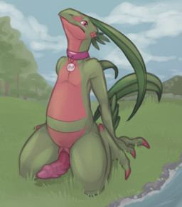 animal_genitalia anthro collar collar_only detailed_background erection genital_slit genitals grass green_body kneeling leaf leaf_hair leaf_tail male male_anthro nude nude_anthro nude_male outside penis pink_body pink_eyes pink_penis plant plant_hair pseudo_hair solo tail tree water mintyderg nintendo pokemon dew_(deessel) generation_3_pokemon grovyle pokemon_(species) 2018