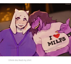 anthro big_breasts bracelet breasts brown_hair caption cartoon_freckles clothing duo eyelashes eyes_closed female floppy_ears gesture hair hand_gesture head_on_shoulder heart_symbol horn jewelry purple_body purple_clothing shaka_sign sharp_teeth shirt spiked_bracelet spikes teeth text text_on_clothing text_on_shirt text_on_topwear tongue tongue_out topwear white_body white_clothing white_shirt white_topwear petroverr deltarune undertale_(series) susie_(deltarune) toriel boss_monster_(undertale) bovid caprine goat mammal scalie 2026 english_text hi_res