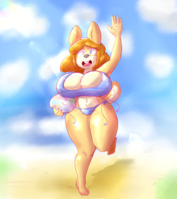 anthro areola areola_slip beach big_breasts biped blue_clothing blue_eyes blue_swimwear breasts brown_hair cleavage clothed clothing countershade_face countershade_torso countershading day detailed_background eyelashes female fur gesture hair holding_beach_ball huge_breasts navel one_leg_up open_mouth open_smile pink_areola raised_leg sky smile solo swimwear tail tan_body tan_fur teeth tooth_gap two-piece_swimsuit waving dividedwreck june_(jinu) canid canine canis domestic_dog mammal shiba_inu spitz 2018 absurd_res digital_drawing_(artwork) digital_media_(artwork) english_description full-length_portrait hi_res portrait