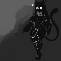 abstract_background anthro balls bangs bar_emanata big_balls big_penis black_body black_hair blush blush_lines breasts cat_tail digitigrade emanata featureless_breasts flaccid foreskin genitals gradient_background grey_background gynomorph hair hand_on_breast humanoid_genitalia humanoid_penis intersex long_hair looking_at_viewer mostly_nude mouthless noseless penis pubes pupils scarf scarf_only shadow_face simple_background sky slit_pupils small_waist solo standing surprised tail white_eyes darkazure domestic_cat felid feline felis mammal 1:1 greyscale hi_res monochrome