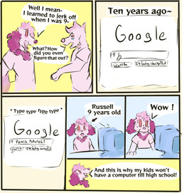 4_eyes amazed anthro computer curly_hair dialogue duo electronics flashback floppy_ears hair humor long_hair male multi_eye open_mouth pornography simple_background smile speech_bubble text typing young young_anthro young_male adondis google damien_(adondis) russell_(adondis) canid canine canis dobermann domestic_dog mammal pinscher poodle comic digital_media_(artwork) english_text hi_res