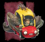2018 alpha_channel ambiguous_gender anthro bethesda_softworks big_claws brown_body brown_scales claws cozy_coupe curved_horn deathclaw digital_media_(artwork) driving endivinity fallout flexible full-length_portrait horn humor little_tikes microsoft outer_highlight outline portrait scales scalie smile solo thick_thighs toy_car watermark white_outline wide_hips yellow_eyes