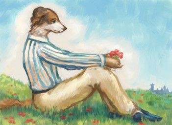 anthro boots brown_body brown_fur clothing flower footwear fur grass male outside plant shoes sitting sitting_on_ground sky solo tail white_body white_fur reynard_goodfellow canid canine canis domestic_dog mammal