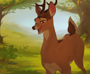 antlers black_nose brown_body brown_ears brown_fur detailed_background eyebrows feral forest forest_background fur grass horn leaf male meadow nature open_mouth orange_eyes plant quadruped raised_tail rock scut_tail short_tail solo standing tail tongue tree kandkaru bambi_(film) disney bambi deer mammal digital_drawing_(artwork) digital_media_(artwork) hi_res