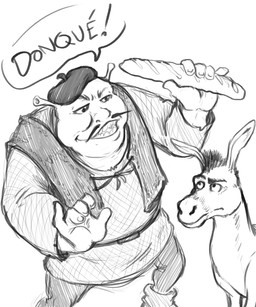 5_fingers arms_bent baguette belt belt_buckle beret black_belt black_eyebrows black_eyes black_facial_hair black_mane black_mustache bottomwear bread buckle closed_frown clothed clothed_humanoid clothed_male clothing confusion dialogue duo eye_contact eyebrows facial_hair feral fingers food french french_accent frown fully_clothed fully_clothed_humanoid fully_clothed_male fur grey_bottomwear grey_clothing grey_hat grey_headwear grey_pants grey_topwear grey_vest hat headgear headwear holding_bread holding_food holding_object larger_humanoid larger_male long_ears looking_at_another male male_feral male_humanoid mane mouth_closed mustache name_in_dialogue pants shirt simple_background size_difference smaller_feral smaller_male smile smiling_at_another speech_bubble talking_to_another topwear tunic vest white_background white_body white_clothing white_fur white_shirt white_topwear white_tunic yelling yelling_at_another fleatrollus dreamworks shrek_(series) donkey_(shrek) shrek_(character) asinus donkey equid equine humanoid mammal ogre 2023 5:6 digital_drawing_(artwork) digital_media_(artwork) english_description greyscale monochrome