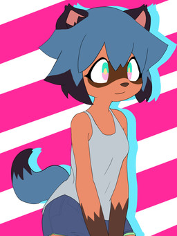anthro blue_hair blue_tail bottomwear brown_body brown_ears brown_fur brown_nose clothed clothing female fur hair multicolored_eyes shirt shorts smile solo standing tail tank_top topwear hikaridraws brand_new_animal studio_trigger michiru_kagemori canid canine mammal raccoon_dog tanuki 3:4 absurd_res hi_res