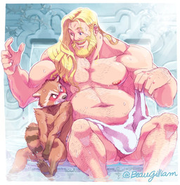 anthro balls blonde_hair blush brown_body brown_fur covering covering_crotch duo fur genitals hair male male/male nipples sauna size_difference towel beaugilliam guardians_of_the_galaxy marvel thor_(series) rocket_raccoon thor_(marvel) human mammal procyonid raccoon hi_res
