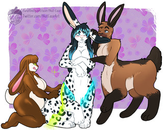bite black_ears black_hair black_markings black_nose blue_eyes blue_highlights blush breasts brown_body brown_fur brown_hair buckteeth candy chocolate countershade_face countershade_fur countershade_torso countershading dessert ear_bite featureless_breasts female food food_transformation fur glistening glistening_body gloves_(marking) goo_drip goo_transformation green_eyes group hair highlights_(coloring) kneeling leg_markings leopard_spots licking licking_lips logo looking_at_another markings nude nude_anthro nude_female nude_herm nude_taur one_eye_closed paws pink_inner_ear pink_nose pregnant pregnant_female sitting sitting_on_ground socks_(marking) sparkles spots standing tail tan_body tan_countershading teeth text tongue tongue_out transformation transformation_through_magic trio white_body white_countershading year nut-case blackpaw kae_(agcb) railrunner canid canid_taur chakat felid felid_taur food_creature hybrid lagomorph lagomorph_taur leporid leporid_taur living_candy living_chocolate mammal mammal_taur pantherine pantherine_taur rabbit rabbit_taur snow_leopard snow_leopard_taur taur 2018 artist_logo colored shaded url herm_(lore)