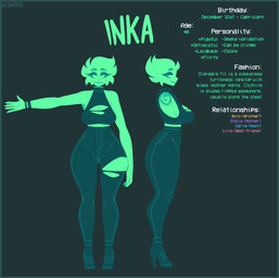 big_breasts blue_border boots border bottomwear breasts clothing female footwear freckles green_body green_hair hair high_heeled_boots high_heels looking_at_viewer pants shirt shoes smile solo tank_top text thick_thighs topwear torn_clothing conditional_dnp welwraith inka_(welwraith) ghost humanoid spirit english_text hi_res model_sheet