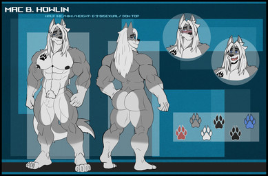 4_toes 5_fingers abs anthro biceps black_border black_eyebrows black_nipples blue_eyes border eyebrows feet fingers footprint fur grey_body grey_fur hair humanoid_hands long_hair male muscular muscular_calves muscular_thighs nipple_piercing nipples pawprint pawprint_tattoo pecs piercing plantigrade solo tattoo toes triceps white_body white_chest white_fur white_hair therot0 mac_b._howlin canid canine canis mammal wolf digital_media_(artwork) hi_res model_sheet