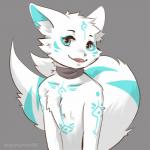 1:1 2016 anthro blue_eyes canid canine etis fox fur grey_background hi_res looking_at_viewer male mammal multi_tail nude scarf senz simple_background smile solo stopmotion54 tail white_body white_fur