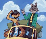 anthro canid canine canis car clothing dreamworks duo eyes_closed frown gesture hand_gesture hat headgear headwear inside_car lupin_iii male mammal mr._snake_(the_bad_guys) mr._wolf_(the_bad_guys) necktie reptile scalie smile snake suit the_bad_guys unseriousguy v_sign vehicle wolf