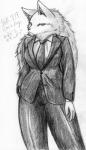 anthro clothing female hair japanese kemono long_hair solo suit cocolog roko_(cocolog) canid canine canis mammal wolf 2015 hi_res monochrome sketch