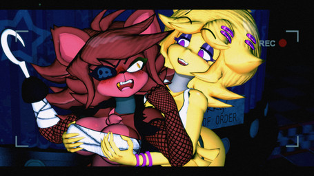 accessory anthro armwear bandage bandaged_chest big_breasts big_butt blonde_hair blush breast_grab breasts butt camera_view cleavage clothed clothing crop_top crossgender detailed_background duo eye_patch eyelashes eyeliner eyeshadow eyewear feathers female female/female fingers fishnet_armwear fishnet_clothing fur grabbing_from_behind hair hair_accessory hairpin hand_on_breast hook machine makeup mtf_crossgender multicolored_body multicolored_fur open_mouth panties purple_eyes red_body red_fur red_hair shirt skimpy smile teeth tongue topwear two_tone_body two_tone_fur under_boob underwear vest wide_hips yellow_body yellow_eyes yellow_feathers themanwithaquest cryptiacurves_(modeler) five_nights_at_freddy's fredina's_nightclub scottgames chica_(fnaf) chiku_(cryptiacurves) fexa_(cryptiacurves) foxy_(fnaf) animatronic avian bird canid canine chicken fox galliform mammal phasianid robot 16:9 2023 3d_(artwork) 4k absurd_res digital_media_(artwork) hi_res source_filmmaker_(artwork) widescreen