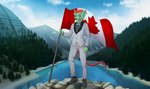 5_fingers anthro canada canadian canadian_flag claws clothed clothing crown fingers flag flag_(object) footwear fur green_body green_fur grin headgear holding_flag holding_object holidays horn looking_at_viewer male maple_leaf mountain outside plant red_eyes river smile solo standing tree anonymous_artist canada_day leotoefinger humanoid hi_res