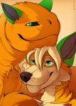 anthro black_lips black_nose blonde_hair duo fur green_ears green_eyes grey_ears hair lips looking_at_another looking_at_partner male orange_body orange_fur orange_tail pupils smile smiling_at_another smiling_at_each_other tail tail_mouth tan_body tan_fur unusual_anatomy unusual_tail blaker alsander ciaran_(tailmaw) canid canine felngo felnid felnidae hybrid mammal hi_res