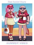 anthro beach beverage blue_sclera bottomwear bubble_tea clothed clothing duo eyewear female footwear fully_clothed hat headgear headwear sandals seaside shirt shoes skirt sunglasses text text_on_clothing text_on_shirt text_on_topwear topwear wazzaldorp real_axolotl_hours axey_(wazzaldorp) koi-chan amphibian amur_carp axolotl carp cyprinid cypriniform fish koi marine mole_salamander salamander typical_carp 2019 absurd_res english_text hi_res