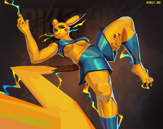 anthro big_breasts bottomwear breasts claws clothed clothing electricity feet female footwear fur gesture hand_gesture hand_on_leg hand_on_thigh lightning looking_at_viewer muscular muscular_female open_mouth shorts smile socks solo sportswear tail teeth tongue topwear under_boob yellow_body yellow_fur scarlet_side nintendo pokemon generation_1_pokemon mammal pikachu pokemon_(species) 2026 digital_media_(artwork)