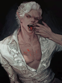 alternative_fashion blood blood_in_mouth bodily_fluids clothing frilly frilly_clothing hair j-fashion male ouji_(fashion) pecs red_eyes solo white_hair kwon_pmo baldur's_gate baldur's_gate_3 bioware electronic_arts larian_studios astarion_(baldur's_gate) elf humanoid vampire