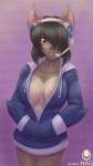 anthro big_breasts biped black_hair bottomless breasts cleavage clothed clothing electronics female front_view fur grey_body grey_fur hair headgear headphones headset hoodie looking_at_viewer red_eyes smile solo standing topwear avencri daisy_(avencri) bat mammal 2014 digital_media_(artwork)