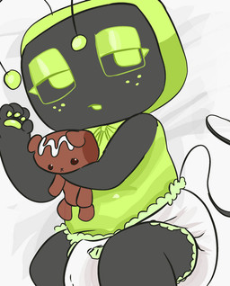 clean_diaper clothed clothing diaper electronics female hug hugging_object hugging_plushie plushie tail television wearing_diaper white_diaper peeweepeew blushcrunch_studio dandy's_world vee_(dandy's_world)