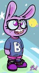 2023 absurd_res anthro beanie_(roommates) buckteeth clothed clothing digital_media_(artwork) female fourball fur hi_res lagomorph leporid mammal open_mouth purple_body purple_fur rabbit roommates:motha smile solo teeth young young_anthro young_female
