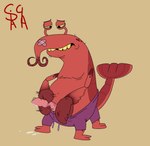 4_legs anthro bandage belly bite biting_lip black_eyes bodily_fluids bottomwear brown_background clothing cum desperation erection eyestalks genital_fluids genitals half-closed_eyes holding_bottomwear holding_clothing holding_object holding_pants leaking_cum lobster_claws lobster_tail looking_down looking_pleasured male masturbation narrowed_eyes navel overweight overweight_anthro overweight_male pants penis precum red_body simple_background slightly_chubby slightly_chubby_anthro slightly_chubby_male solo spots tail teeth yellow_sclera srirachamander disney star_vs._the_forces_of_evil lobster_claws_(svtfoe) arthropod crustacean decapod lobster malacostracan marine monster absurd_res hi_res signature