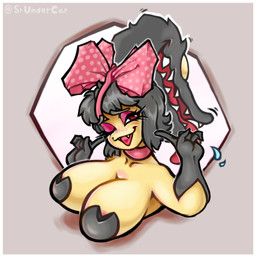 accessory areola areola_slip big_breasts black_eyebrows black_hair blush blush_lines bodily_fluids border bow_(feature) bow_ribbon breasts eyebrows eyelashes eyeshadow fangs female fingers glistening glistening_eyes hair hair_accessory hair_bow hair_mouth hair_ribbon long_hair long_tongue makeup pasties pink_areola pink_bow pink_eyeshadow pink_tongue ponytail pupils purple_eyes ribbons saliva sharp_teeth solo teeth tongue white_border yellow_body yellow_skin srundercar don't_attack_me_mawile nintendo pokemon generation_3_pokemon mawile pokemon_(species) 1:1 2026 absurd_res digital_media_(artwork) hi_res