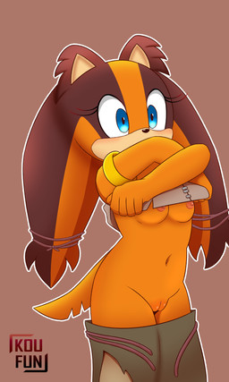 5_fingers accessory adolescent adolescent_anthro anthro areola armlet big_eyes biped black_nose blue_eyes bottomwear bottomwear_down breasts brown_background brown_ears brown_hair clothed clothed_anthro clothed_female clothing clothing_pull eyelashes female female_adolescent female_anthro fingers genitals gold_(metal) gold_armlet gold_jewelry hair hair_accessory hair_tie humanoid_genitalia humanoid_hands humanoid_vulva iris jewelry logo long_hair multicolored_hair navel nipples no_bra no_underwear orange_body orange_hair outline partially_clothed partially_clothed_anthro partially_clothed_female pink_areola pink_nipples plump_labia pupils simple_background skirt_down slim slim_anthro slim_female small_breasts solo tail tan_inner_ear text three-quarter_view topwear topwear_lift topwear_pull twintails_(hairstyle) two_tone_hair under_boob undressing undressing_self vulva white_outline white_sclera young young_anthro young_female koufun sega sonic_boom sonic_the_hedgehog_(series) sticks_the_jungle_badger badger mammal mustelid musteline 3:5 absurd_res artist_logo artist_name english_description hi_res portrait three-quarter_portrait